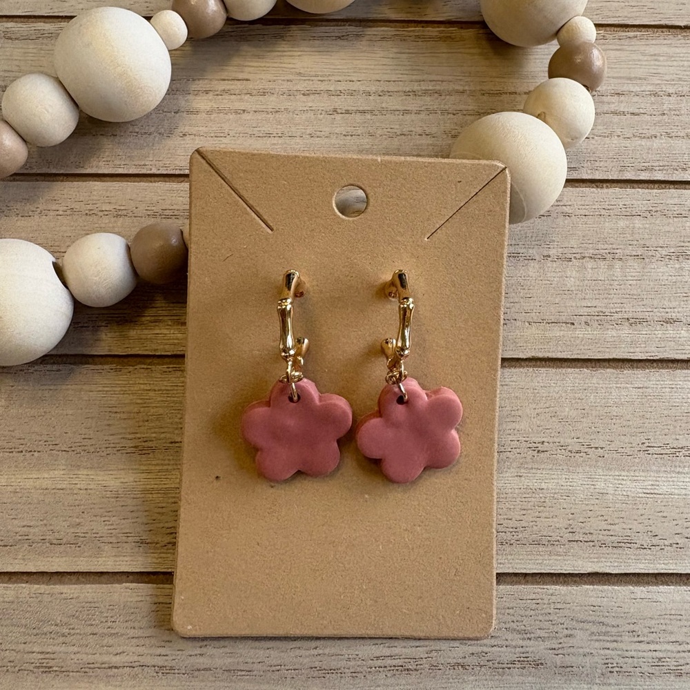 Handmade Pink Flower Earrings with Gold Bamboo Hoops | Boho Statement Jewelry